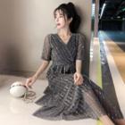Short-sleeve Sequin Midi A-line Dress
