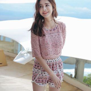 Set: Patterned Tankini + Swim Shorts + Lace Cover-up