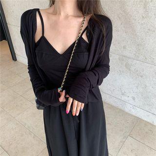 V-neck Camisole Top / Plain Button Jacket / Drawstring Wide-leg Pants