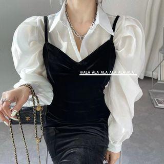 Puff-sleeve Blouse / Ruffle Hem Velvet Midi Sheath Overall Dress