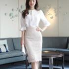 Elbow-sleeve Blouse / Lace Pencil Skirt