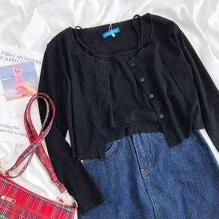 Long-sleeve Plain Cropped Cardigan / Plain Cropped Camisole Top