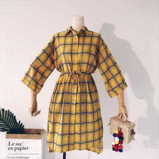 Plaid 3/4-sleeve Shirt Dress