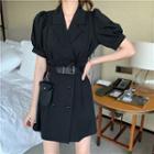 Short-sleeve Plain Dress / Faux Leather Belt Bag