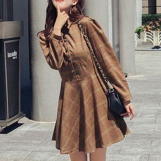 Long-sleeve Plaid Mini A-line Shirt Dress
