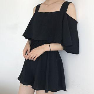 Cut Out Shoulder Elbow Sleeve Chiffon Playsuit
