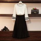 Long-sleeve Contrast Ling Knit Top / Midi A-line Mesh Skirt / Set