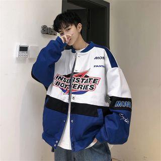 Letter Printed Color Block Baseball Jacket