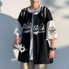 Elbow-sleeve Lettering Baseball Jacket