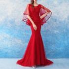 Mesh Panel Elbow Sleeve Evening Gown
