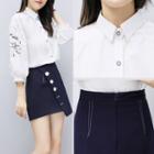 Set: Embroidered 3/4-sleeve Shirt + High Waist A-line Skirt