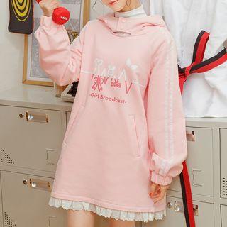 Lace-hem Printed Fleece-lined Hood Sweatdress