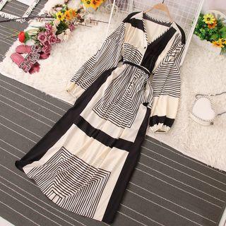 Puff-sleeve Chain Print Midi A-line Dress