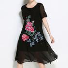 Flower Embroidered Short Sleeve Chiffon Dress