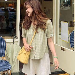 Puff-sleeve Plaid Blouse Yellow Green - One Size