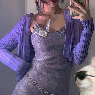 Cropped Cardigan / Spaghetti Strap Chain-accent Mini Bodycon Glitter Dress