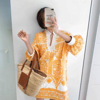Open-placket Embroidered Dress