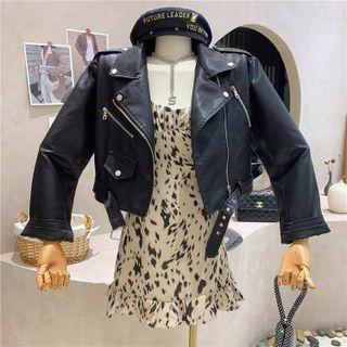 Faux Leather Cropped Jacket / Spaghetti Strap Mini A-line Dress