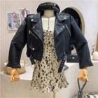 Faux Leather Cropped Jacket / Spaghetti Strap Mini A-line Dress
