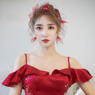 Set: Wedding Mesh Butterfly Butterfly Headband + Dangle Earring Set - Red - One Size
