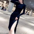 Long-sleeve Slit-hem A-line Dress