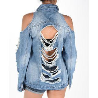 Cold-shoulder Distressed Denim Jacket