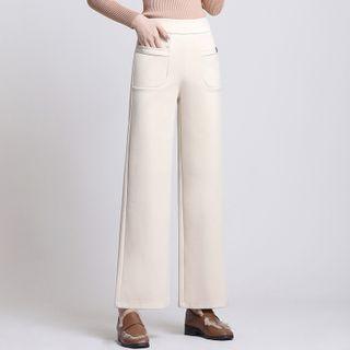 High-waist Plain Woolen Cropped Wide-leg Pants
