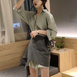Plain Shirt Dress / Striped Mini Skirt