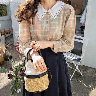 Perforated-collar Checked Blouse