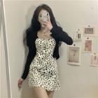 Spaghetti Strap Cow Print Mini A-line Dress Black & White - One Size