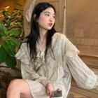 Long-sleeve Mesh Ruffled Mini Dress Beige - One Size