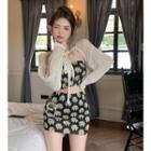Knit Shrug / Floral Print Tube Top / Mini Skirt