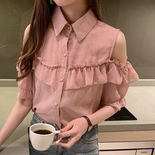 Short-sleeve Cold-shoulder Ruffle Trim Blouse