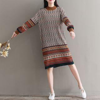 Long-sleeve Mock Neck Print Pleated Dress