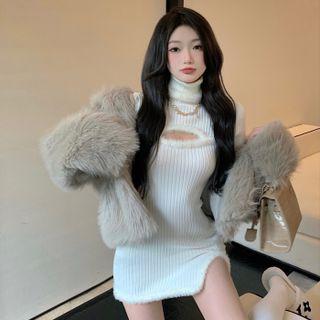 Fluffy Jacket / Long-sleeve Turtleneck Knit Dress