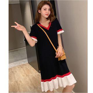 Ruffle Trim Short-sleeve Knit Dress Black - One Size