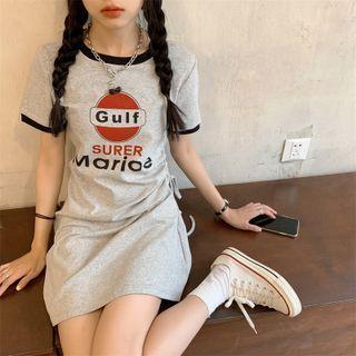 Short-sleeve Drawstring Printed Mini Dress