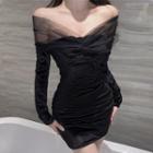Off-shoulder Mesh-panel Velvet Sheath Dress