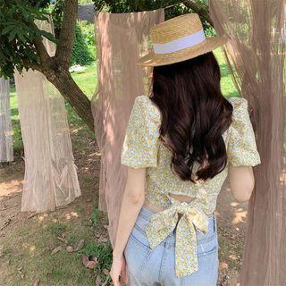 Balloon-sleeve V-neck Floral Top