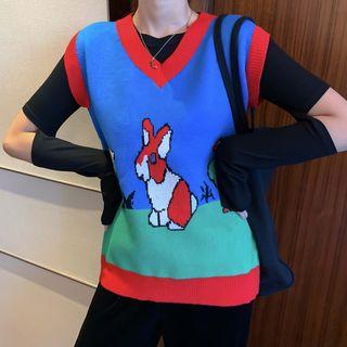 Cartoon Rabbit Knit Vest / Cutout Plain Top / Velvet Straight-cut Pants