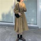 Plain Tie-waist Midi A-line Dress Khaki - One Size