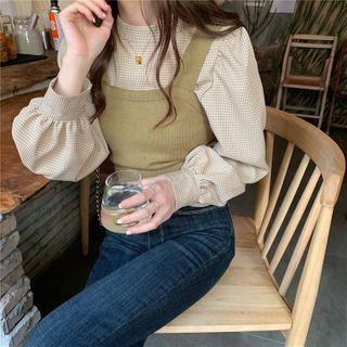 Check Puff-sleeve Blouse / Plain Knit Vest