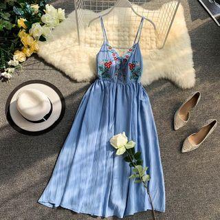 Spaghetti Strap Floral Embroidered Midi A-line Dress