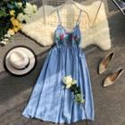 Spaghetti Strap Floral Embroidered Midi A-line Dress