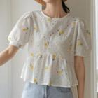 Puff-sleeve Floral Embroidered Eyelet Blouse