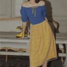 Puff-sleeve Off-shoulder Top / Dotted Midi A-line Skirt