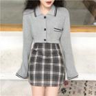 Loose-fit Knit Cardigan / Plaid Skirt