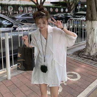 Collared Plain Drawstring Lace-up Shirt