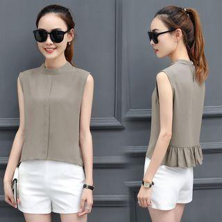 Set: Crew-neck Sleeveless Chiffon Top + Plain Shorts