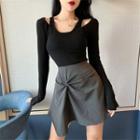 Mock Two-piece Long-sleeve T-shirt / High-waist Mini Skirt
